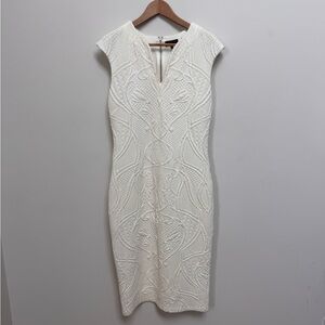 Ted Baker White Cream Jacquard Textured Midi Dress Size 4 (US 10) V-Neck